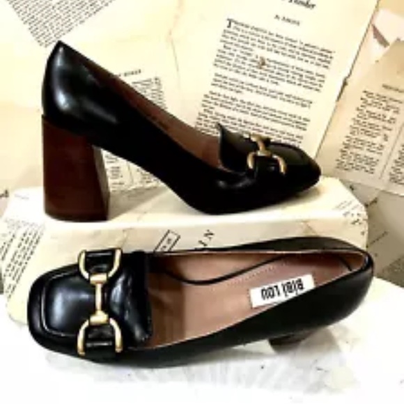 Anthropologie Bibi Lou Zagred Wood Stacked Heel Black Leather - Picture 6 of 11